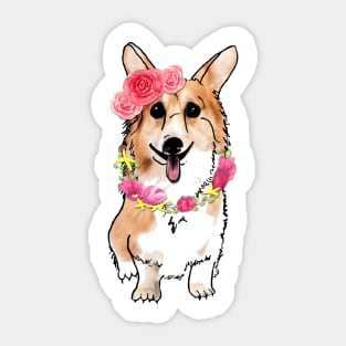 Happy Cute Corgi Dog with Roses Tulips Sticker